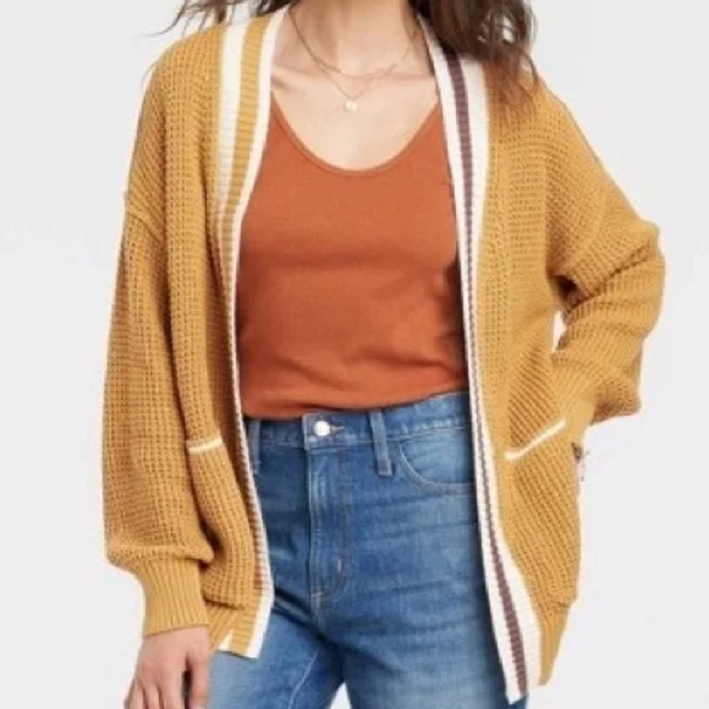 Universal Thread Mustard Knit Open Cardigan‎ Sweater S/S Retro Cozy Academia